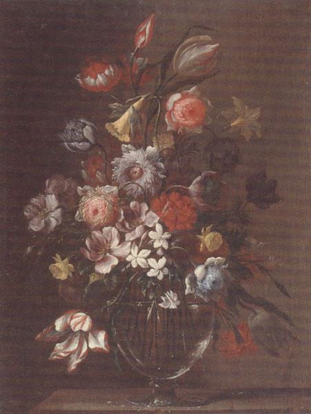 unknow artist Still life of carnations,tulips,roses and daffodils,in a glass vase,upon a table-top Germany oil painting art